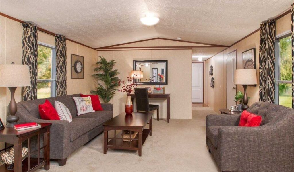 Decorating ideas for mobile home living rooms with modern furniture, neutral colors, and layered lighting