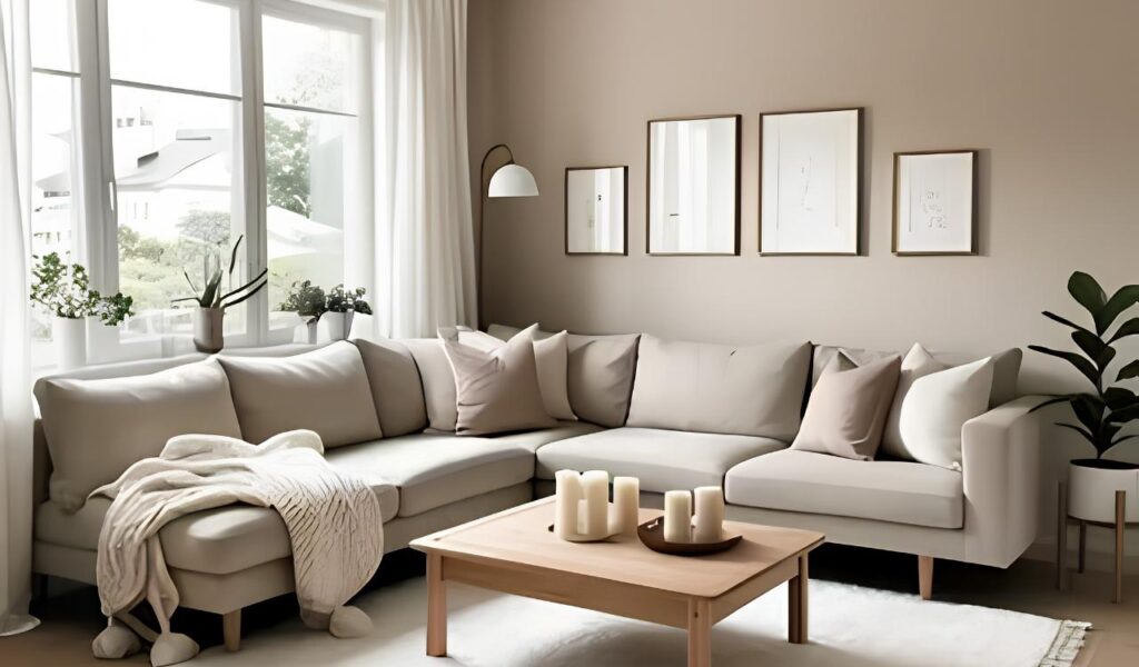 Modern ranch style living room decorating ideas using warm beige, sage green, and natural wood finishes