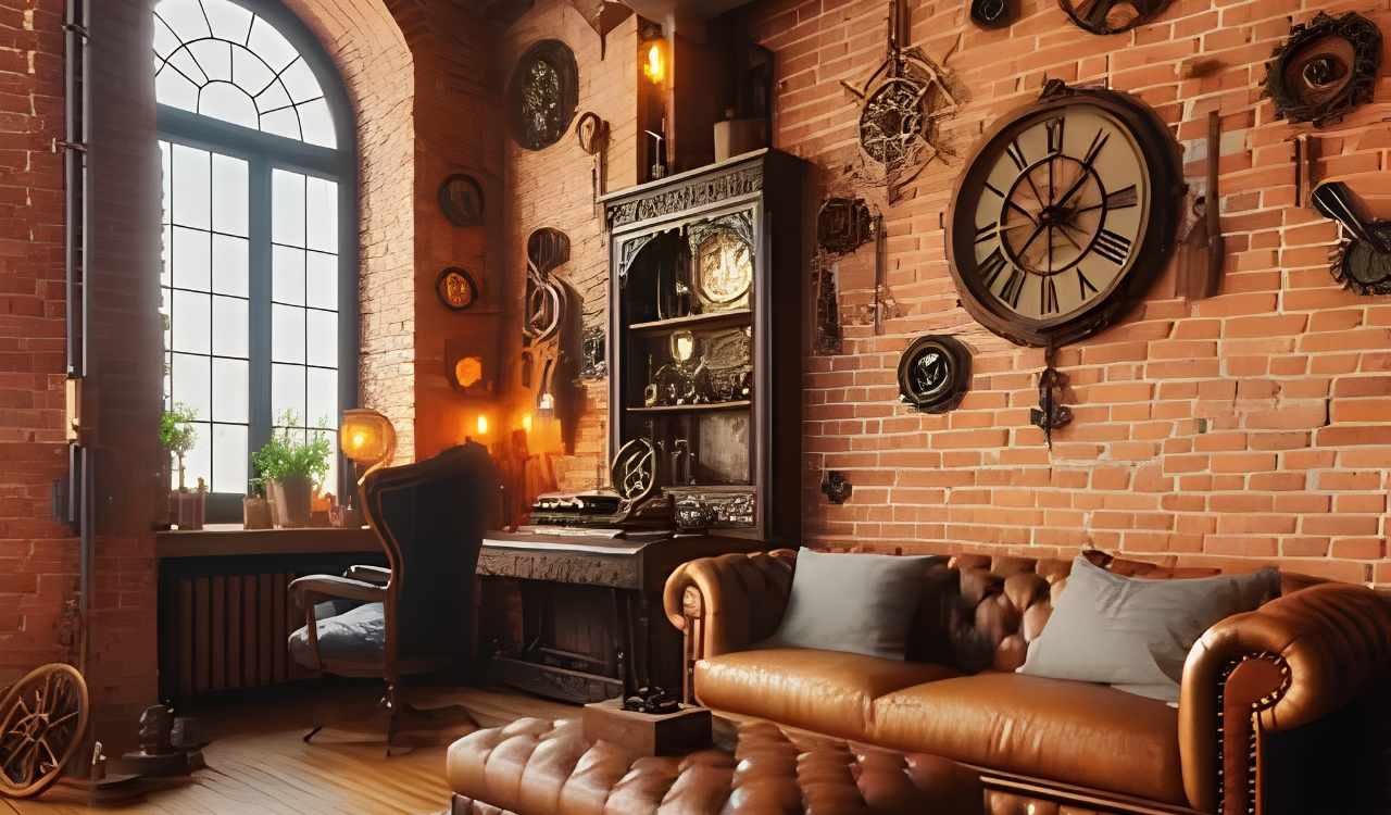 Steampunk home decor living room with leather sofa and industrial lighting