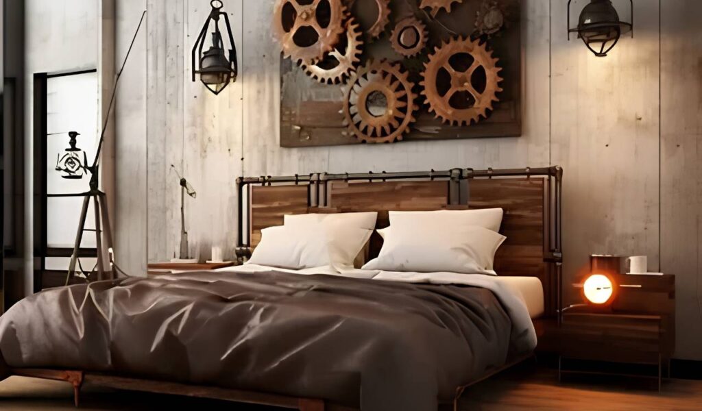 Steampunk home decor bedroom with iron bed frame and exposed brick walls