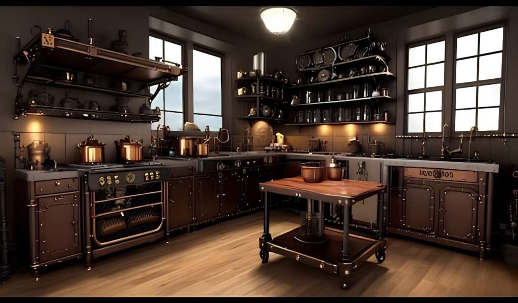 Steampunk home decor kitchen with brass hardware and Edison bulb lighting