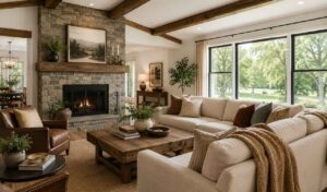 Ranch style living room decorating ideas featuring a stone fireplace, exposed wood beams, and comfortable neutral seating