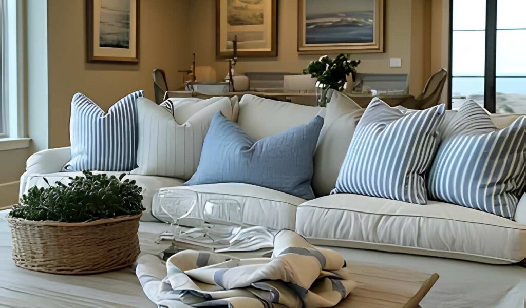 Seashell home decor ideas in a modern coastal living room