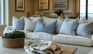 Seashell home decor ideas in a modern coastal living room