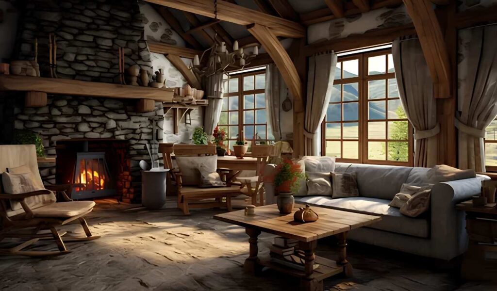 Ranch style living room decorating ideas centered around a natural stone fireplace and rustic wood accents