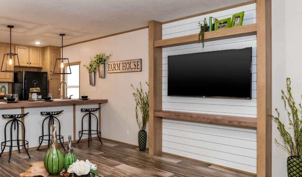 Budget-friendly decorating ideas for mobile home living rooms with floating shelves, baskets, and updated lighting