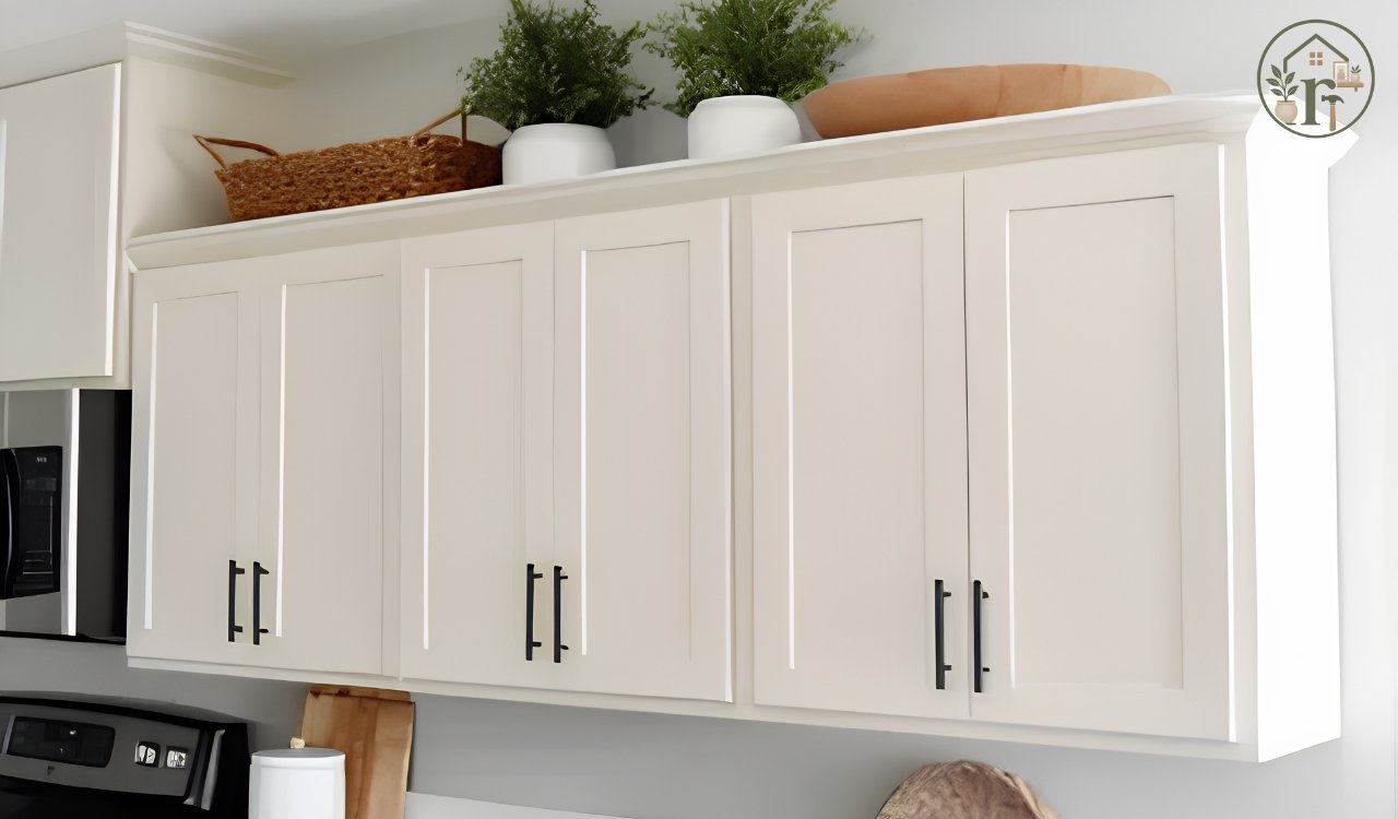 How to decorate above kitchen cabinets without clutter using baskets, vases, and greenery