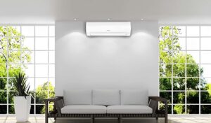 How to decorate around a wall mounted air conditioner in a modern living room