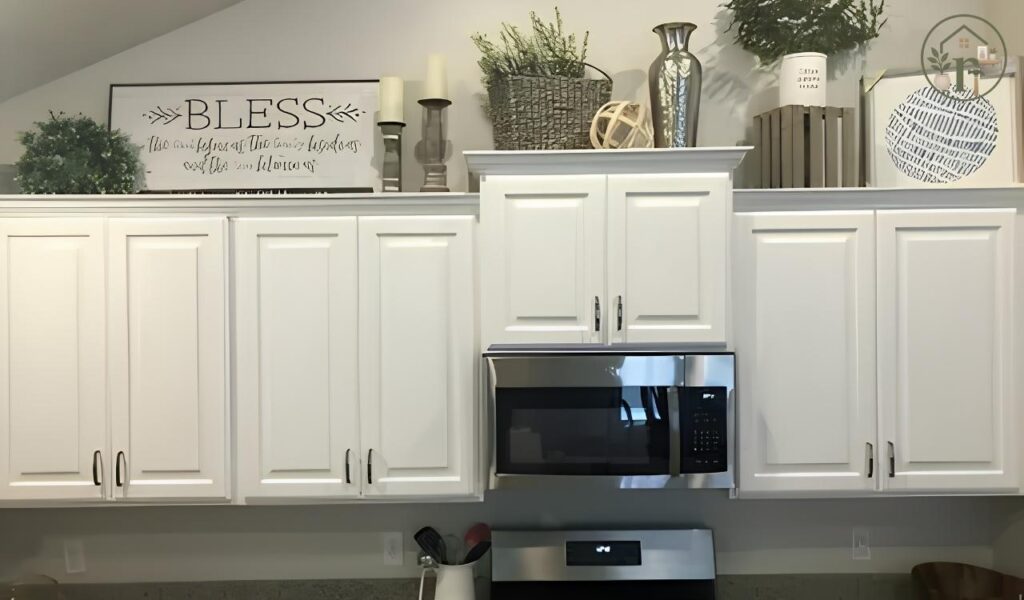 How to decorate above kitchen cabinets without clutter using ceramic vases