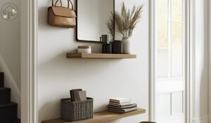 Small entryway decor with no closet featuring wall hooks storage bench and shoe organization