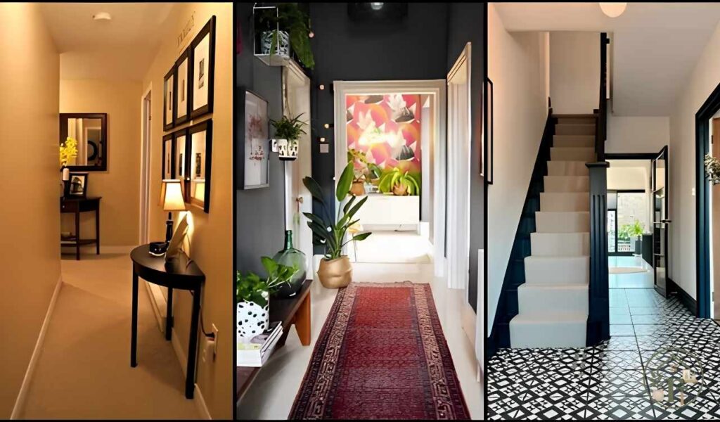 Small entryway decor with no closet featuring large mirror and wall decor