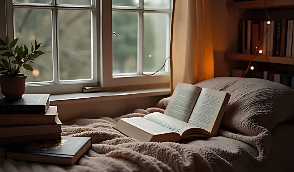 Whimsical reading nook with fairy lights and books